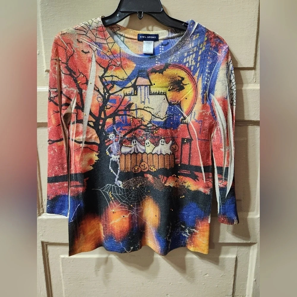 SML Sport 3/4 Sleeve Halloween Fall Bedazzled Graphic Blouse